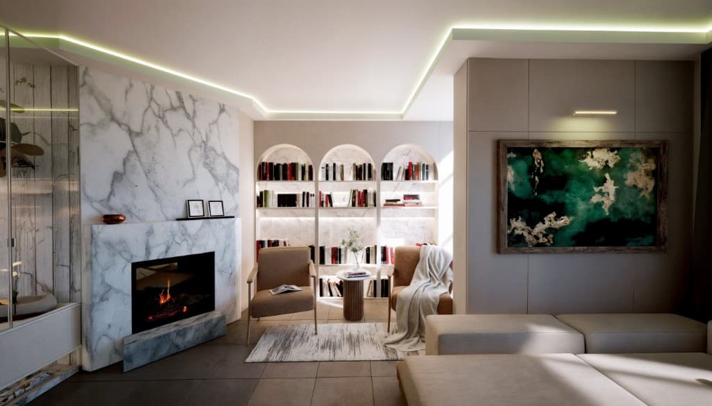 Dr. Semra's House fireplace and reading corner