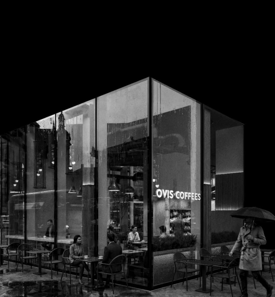 Ovis Coffees dış cephe gece görünümü