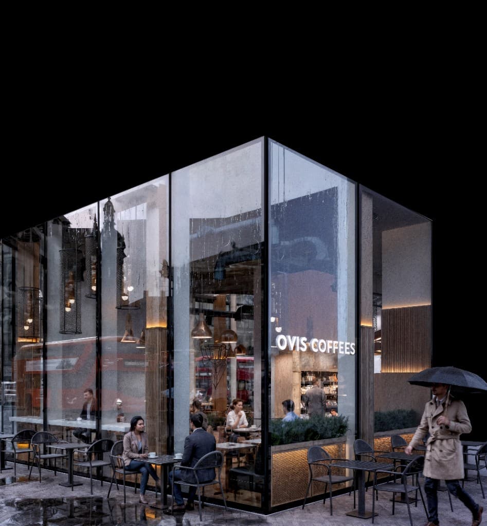 Ovis Coffees dış cephe yağmurlu görünüm